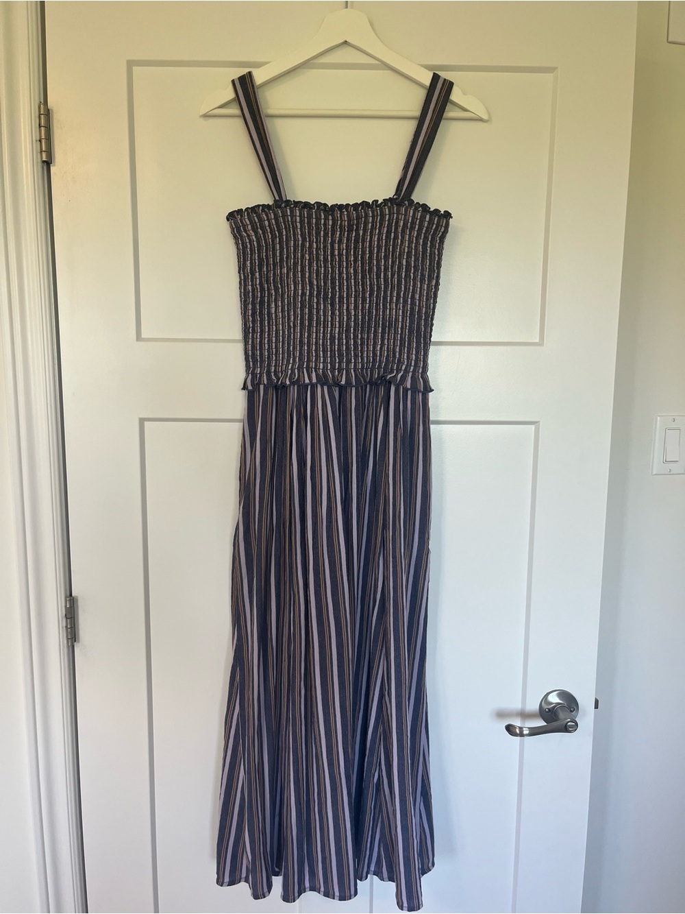 Aerie Smocked Striped Maxi Dress — Navy and Cream
